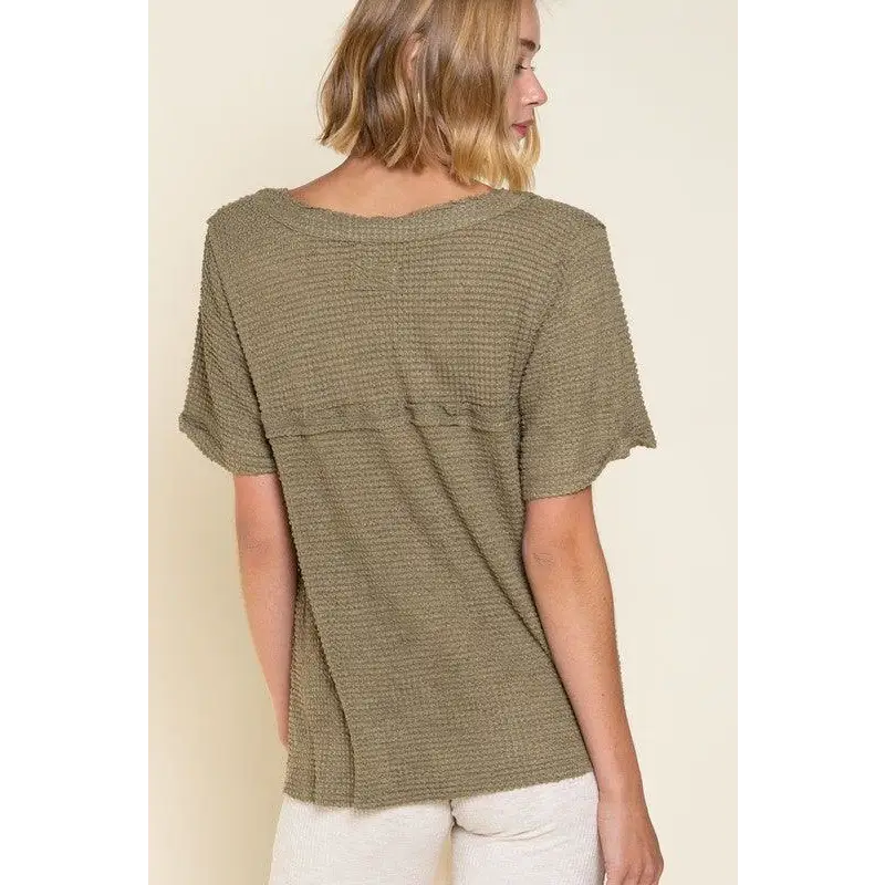 Half Sleeve V-neck Waffle Knit Top