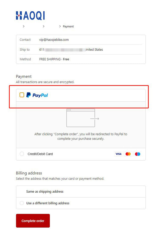 HAOQI Select PayPal (even if you don't have a PayPal account)