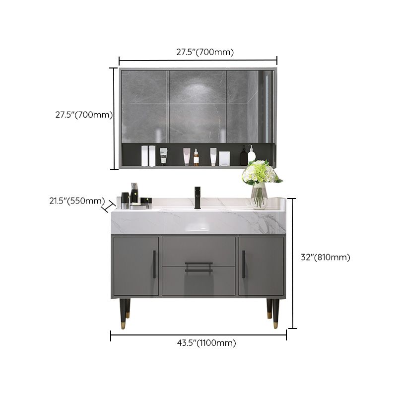 Mirror Bath Vanity Set Grey Metal Frame 2 Doors Rectangle Vanity with Drawers