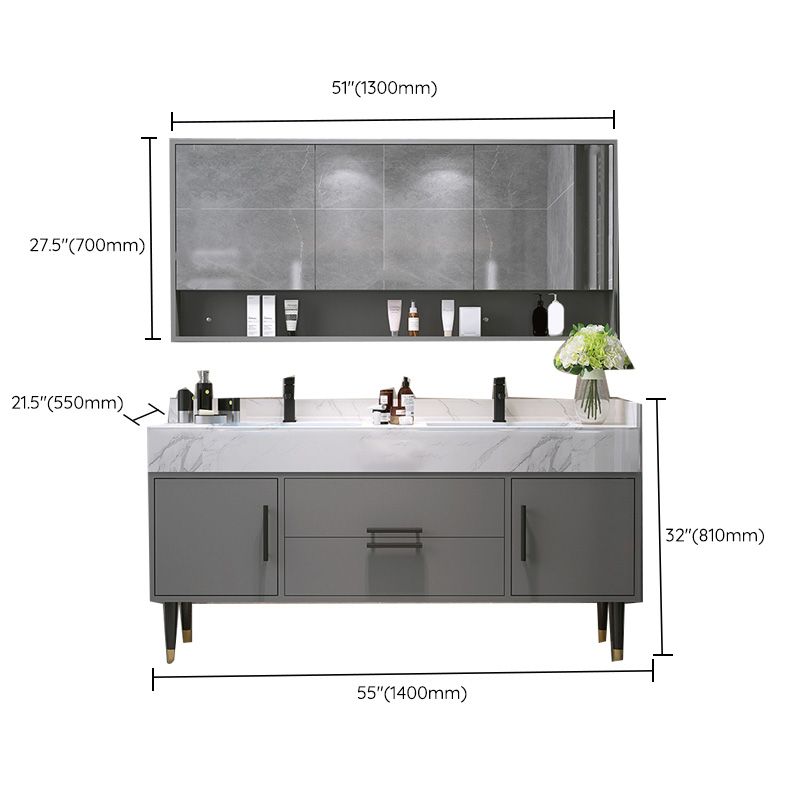 Mirror Bath Vanity Set Grey Metal Frame 2 Doors Rectangle Vanity with Drawers