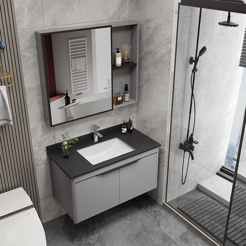 Single Sink Bathroom Vanity Modern Metal Base Rectangular Wall Mount Vanity Set