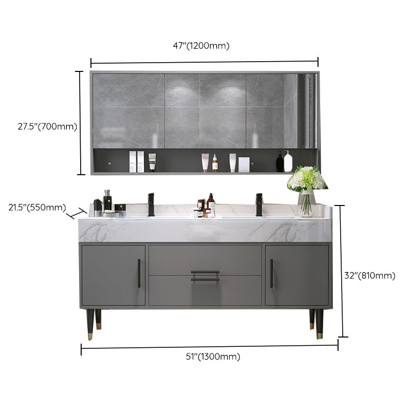 Mirror Bath Vanity Set Grey Metal Frame 2 Doors Rectangle Vanity with Drawers