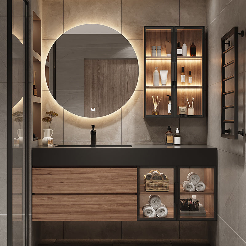 Waterproof Vanity Single Sink Drawers Wood Frame Wall-Mounted Vanity with Mirror