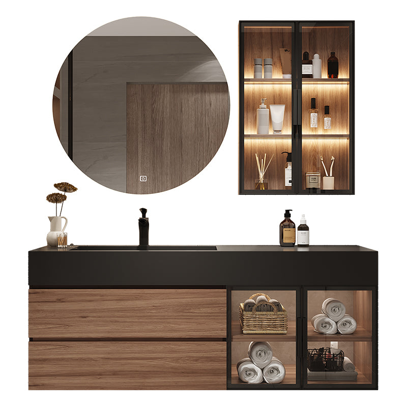 Waterproof Vanity Single Sink Drawers Wood Frame Wall-Mounted Vanity with Mirror