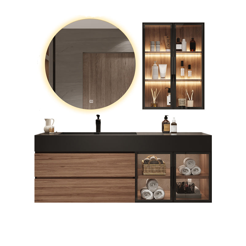 Waterproof Vanity Single Sink Drawers Wood Frame Wall-Mounted Vanity with Mirror