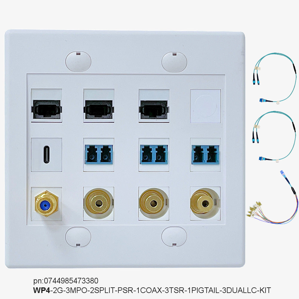 FIBER WALLPLATE? WP4-2G-3MPO-2SPLIT-PSR-1COAX-3TSR-1PIGTAIL-3DUALLC-KIT | 2-Gang Wall Plate with 3 MPO + 2 MPO Splitters + PSR powershare for LaserTAIL PRO HDMI plugs + 1 Coaxial + 3 TRS 3.5mm jack + breakout MPO LC pigtail + 3 dual LC keystones