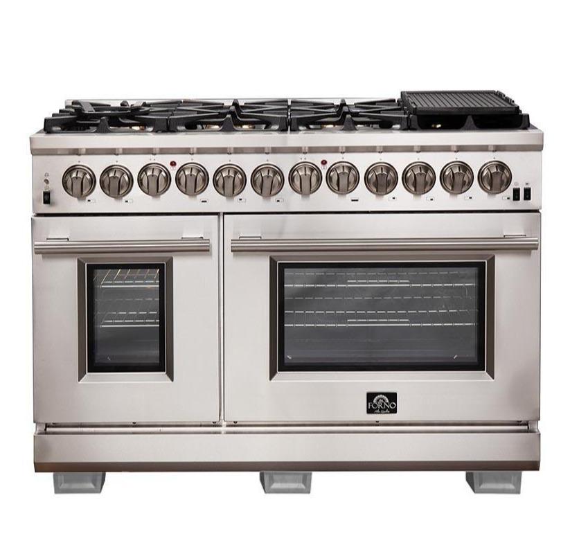 Forno 3-Piece Pro Appliance Package - 48-Inch Dual Fuel Range, 36-Inch Refrigerator & Wall Mount Hood in Stainless Steel