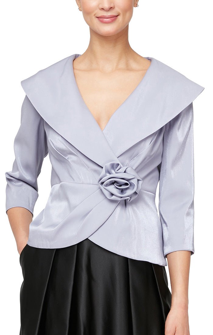 3/4 Sleeve Stretch Shimmer Blouse with Flower Detail Side Closure & Portrait Collar