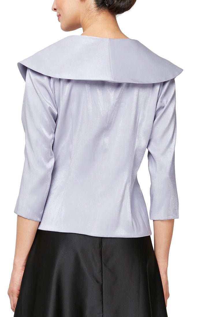 3/4 Sleeve Stretch Shimmer Blouse with Flower Detail Side Closure & Portrait Collar