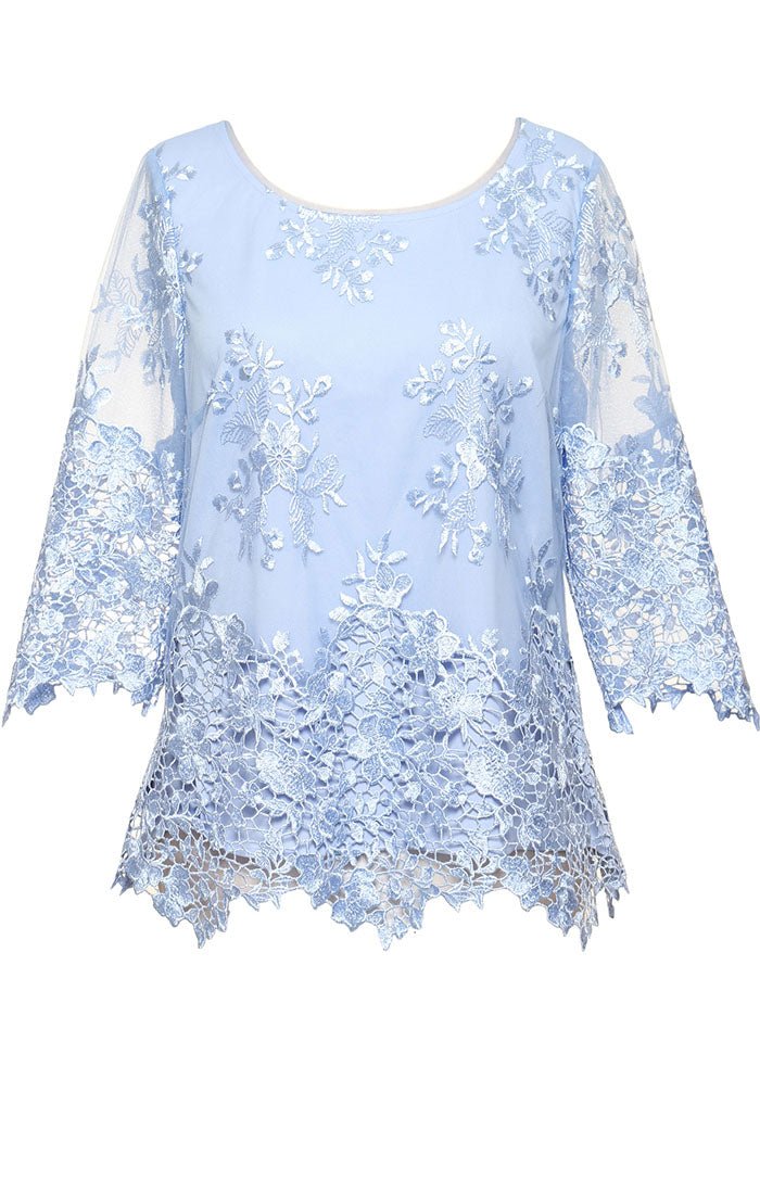 3/4 Sleeve Embroidered Detail Tunic with Scallop Sleeves & Hem