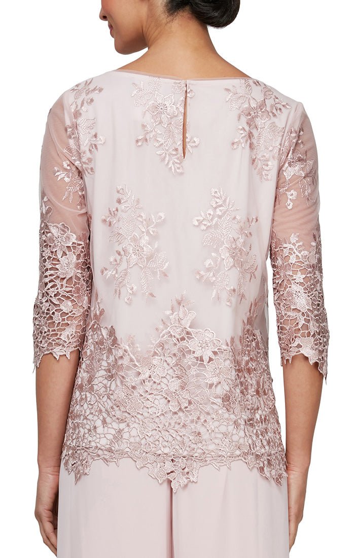 3/4 Sleeve Embroidered Detail Tunic with Scallop Sleeves & Hem