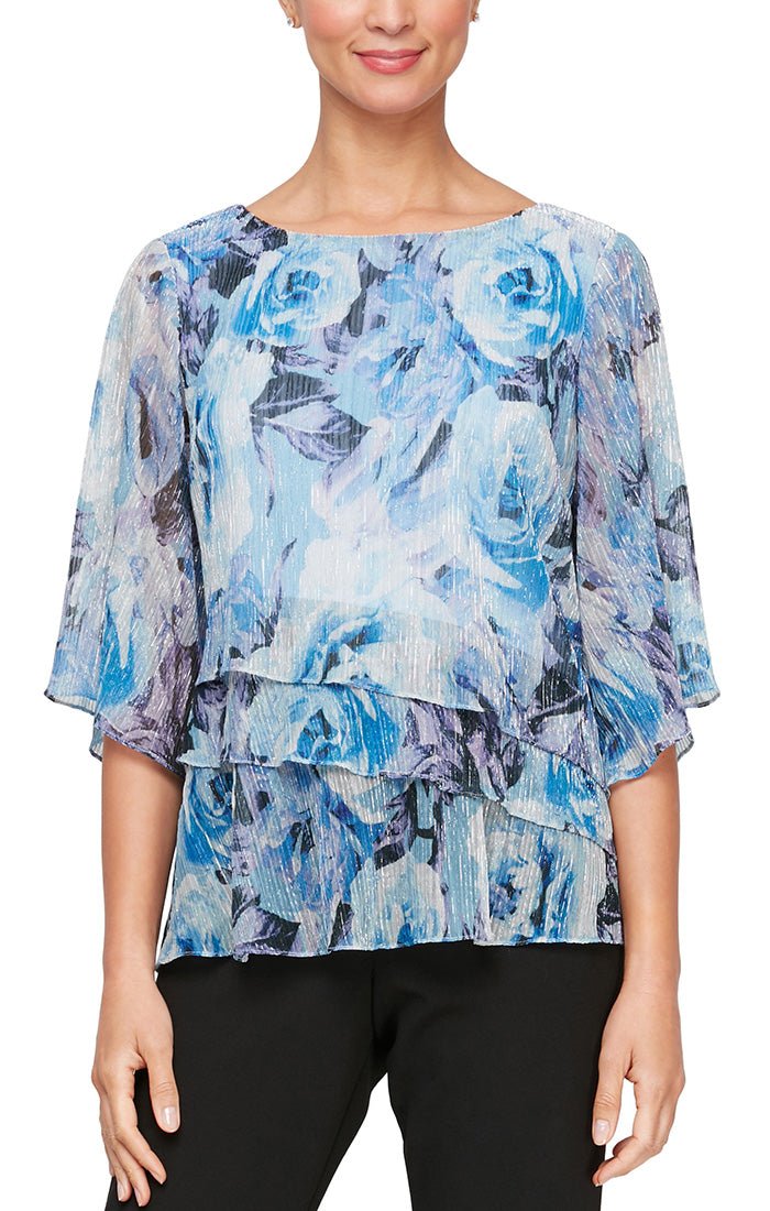 3/4 Sleeve Printed Blouse with Tiered Hem