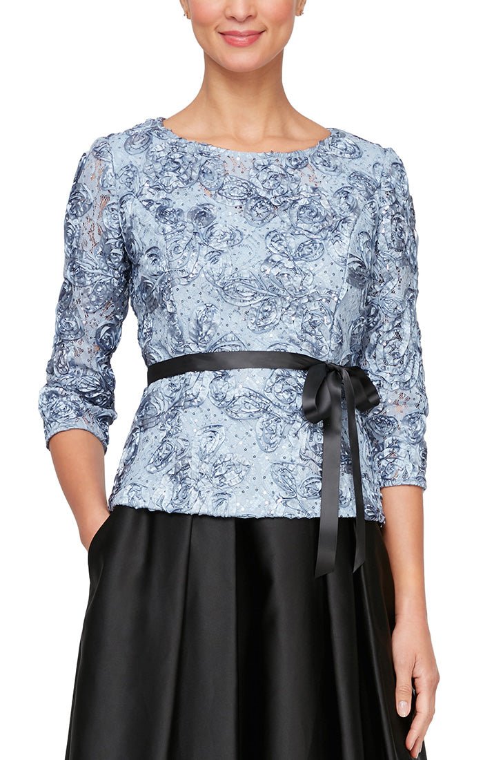 3/4 Sleeve Rosette Blouse with Illusion neckline & Tie Belt