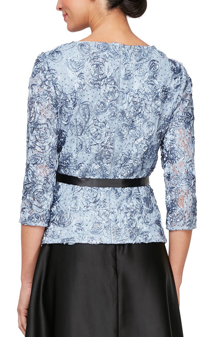 3/4 Sleeve Rosette Blouse with Illusion neckline & Tie Belt