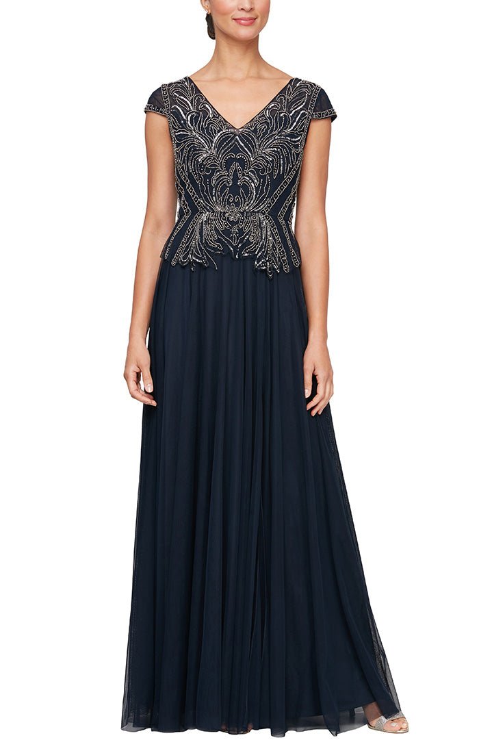 A-Line V-Neck Dress with Beaded Bodice & Cap Sleeves