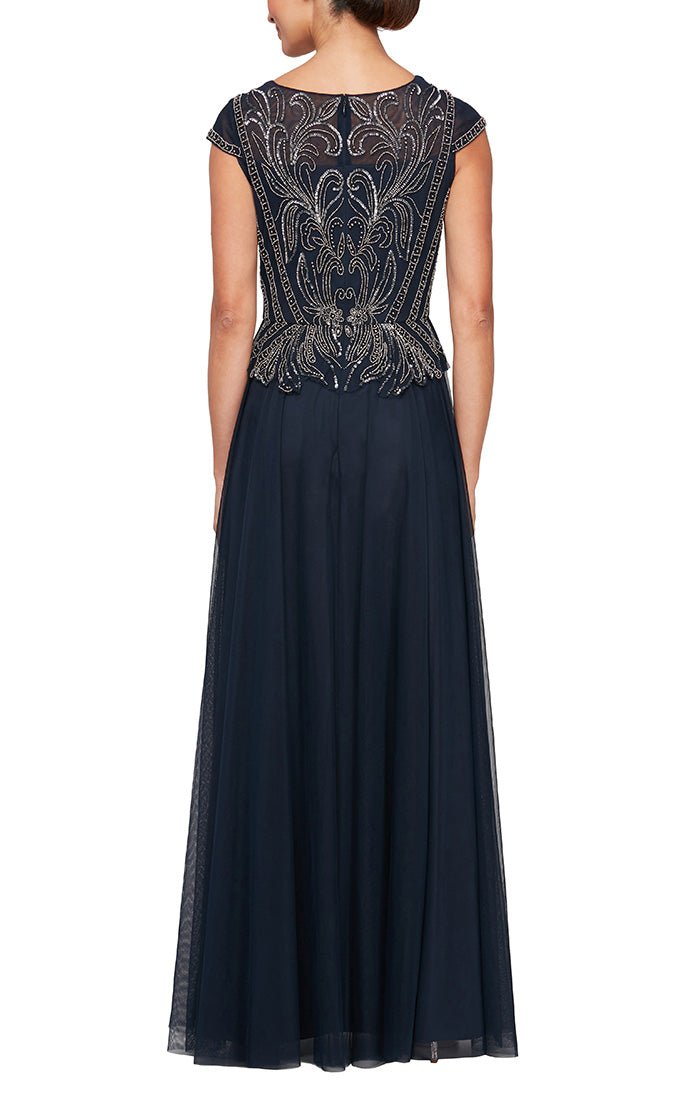 A-Line V-Neck Dress with Beaded Bodice & Cap Sleeves