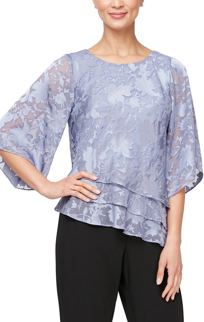 Burnout Chiffon Blouse with Asymmetrical Triple Tier Hem & Illusion Sleeves