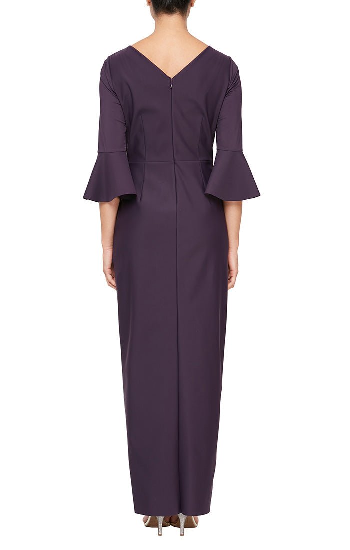 Compression Collection Long Sheath Dress with Bell Sleeves, a Cascade Ruffle Tulip Hem Skirt & Embellishment Detail at Hip