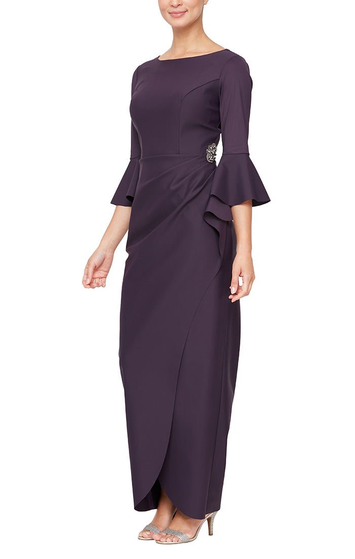 Compression Collection Long Sheath Dress with Bell Sleeves, a Cascade Ruffle Tulip Hem Skirt & Embellishment Detail at Hip