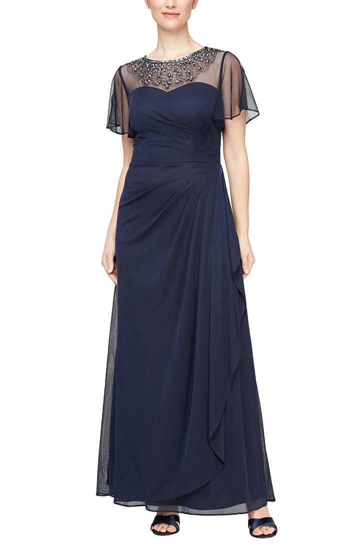 Regular - A-Line Dress with Short Cold Shoulder Sleeves and Embellished Illusion Neckline