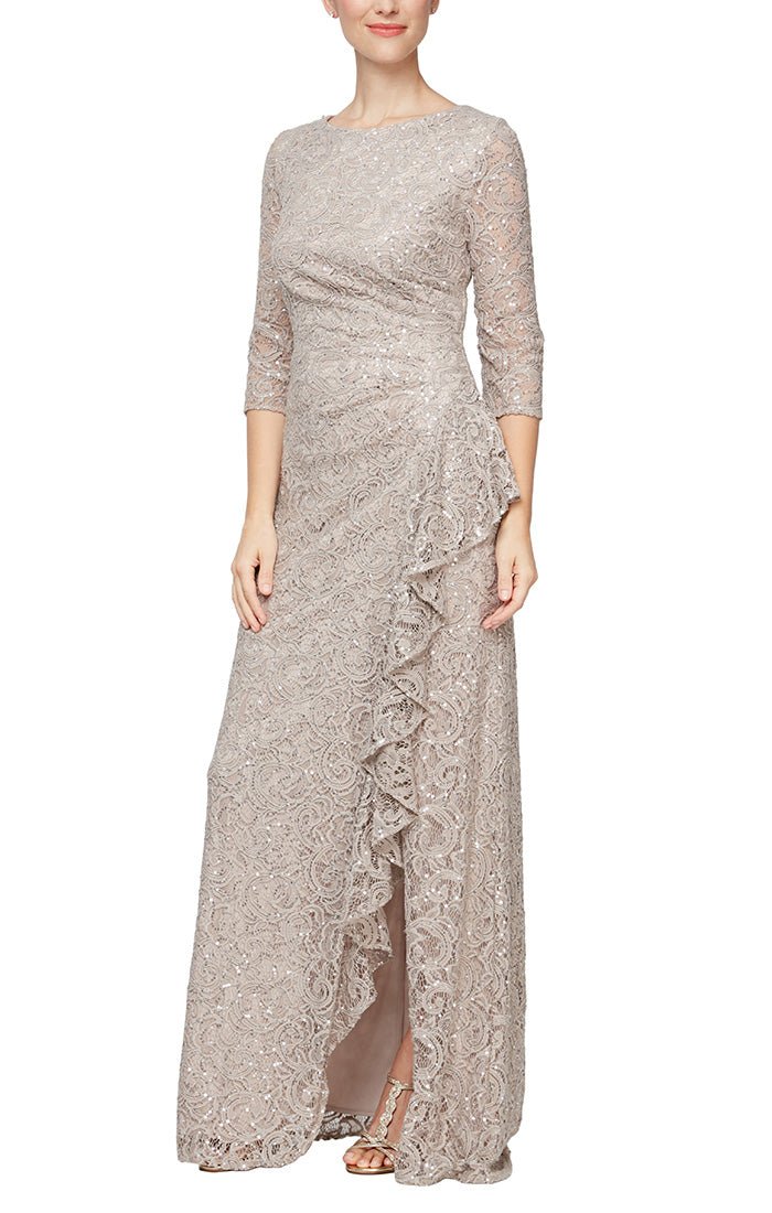 Sequin Lace Gown with 3/4 Sleeves & Cascade Detail Front Slit