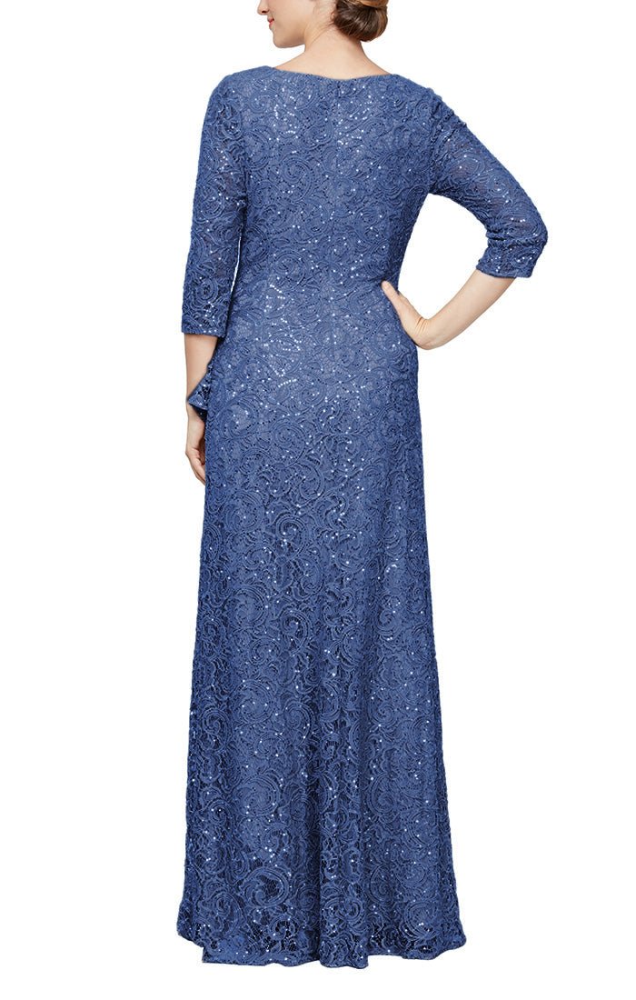 Sequin Lace Gown with 3/4 Sleeves & Cascade Detail Front Slit