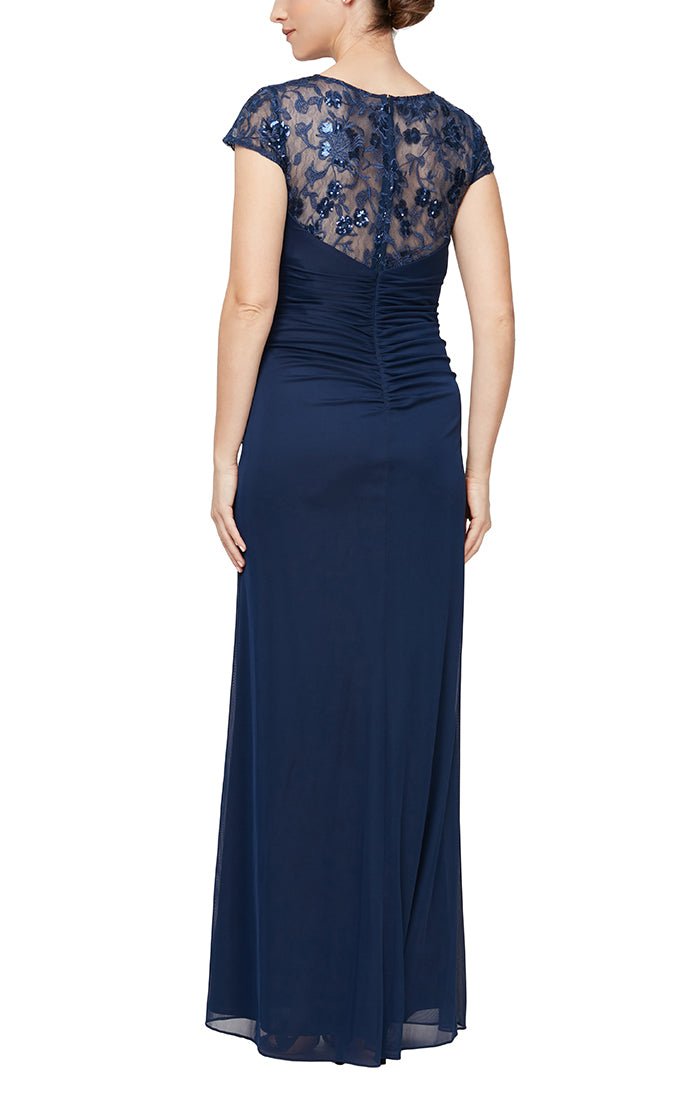 Long Cascade Detail Dress with Embroidered Illusion Neckline and Cap Sleeves