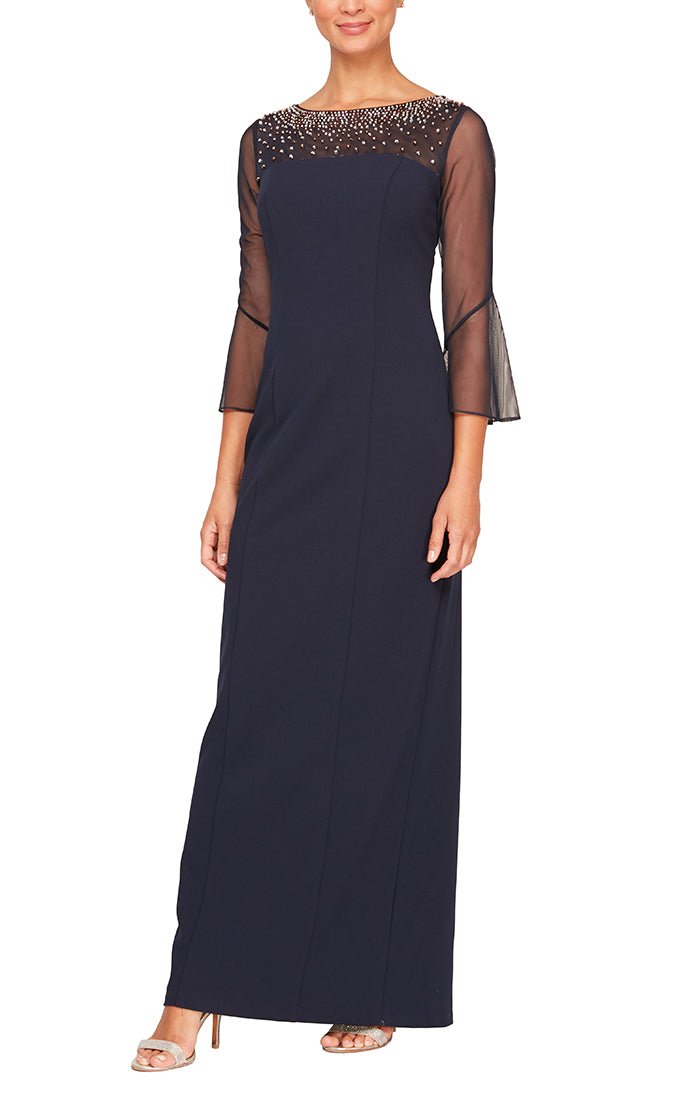 Long Column Stretch Crepe Gown with Heat Set Illusion Neckline & Bell Sleeves