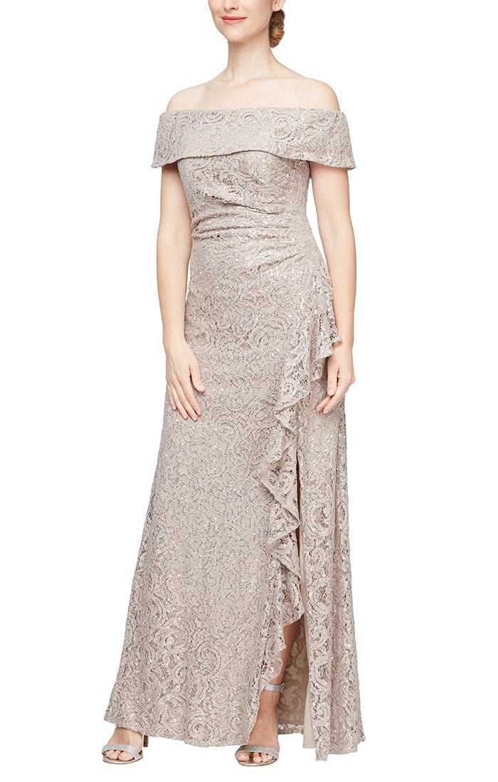 Regular - Off-the-Shoulder Sequin Lace Dress with Cascade Ruffle Detail Skirt