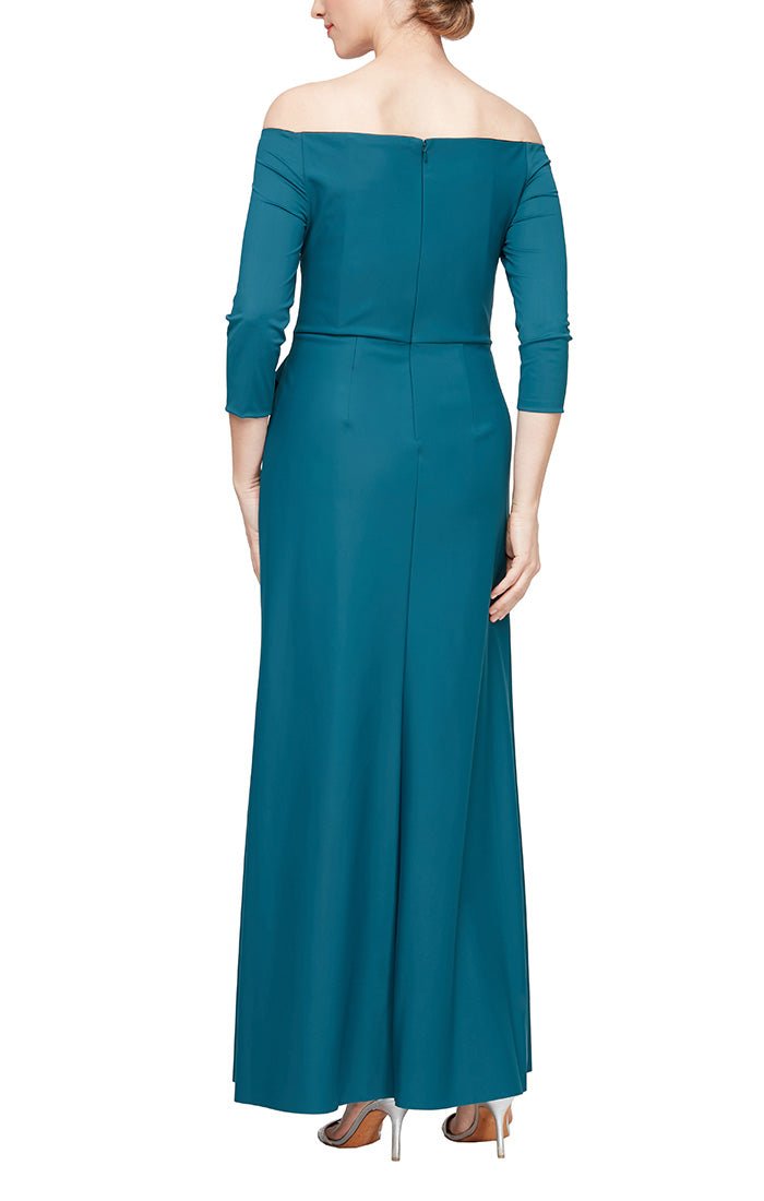 *Long Off the Shoulder Stretch Crepe Dress With Front Cascade Detail Skirt