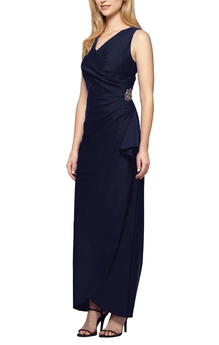 Petite Long Sleeveless Compression Sheath Gown with Surplice Neckline, Cascade Detail Skirt and Beaded Detail at Hip