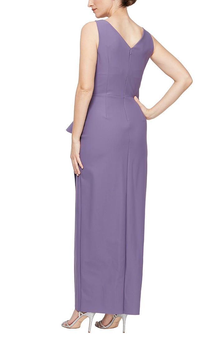 Petite Long Sleeveless Compression Sheath Gown with Surplice Neckline, Cascade Detail Skirt and Beaded Detail at Hip