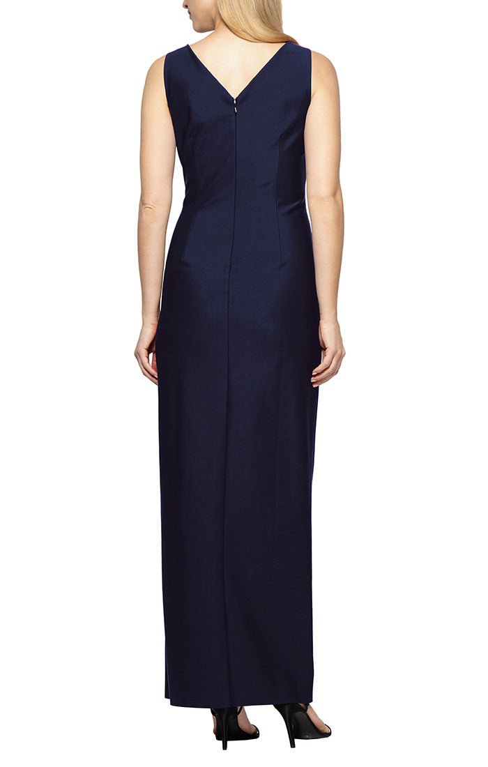 Petite Long Sleeveless Compression Sheath Gown with Surplice Neckline, Cascade Detail Skirt and Beaded Detail at Hip