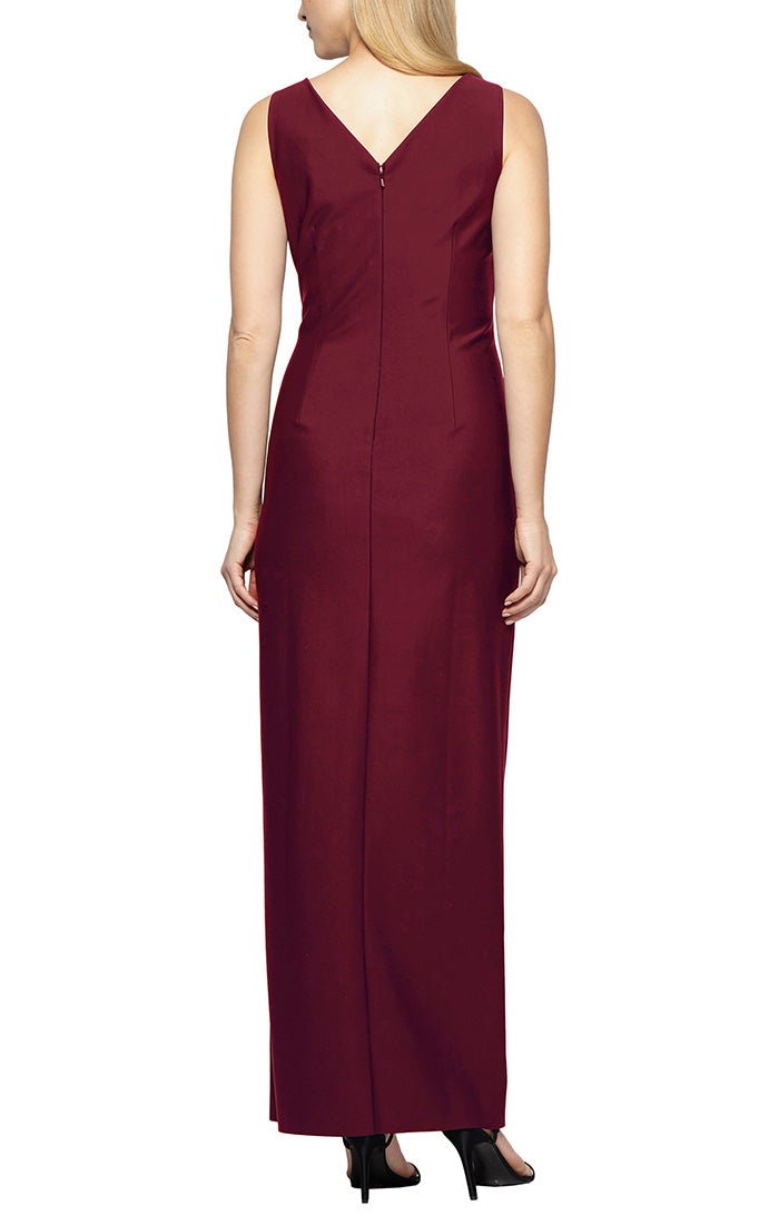 Petite Long Sleeveless Compression Sheath Gown with Surplice Neckline, Cascade Detail Skirt and Beaded Detail at Hip