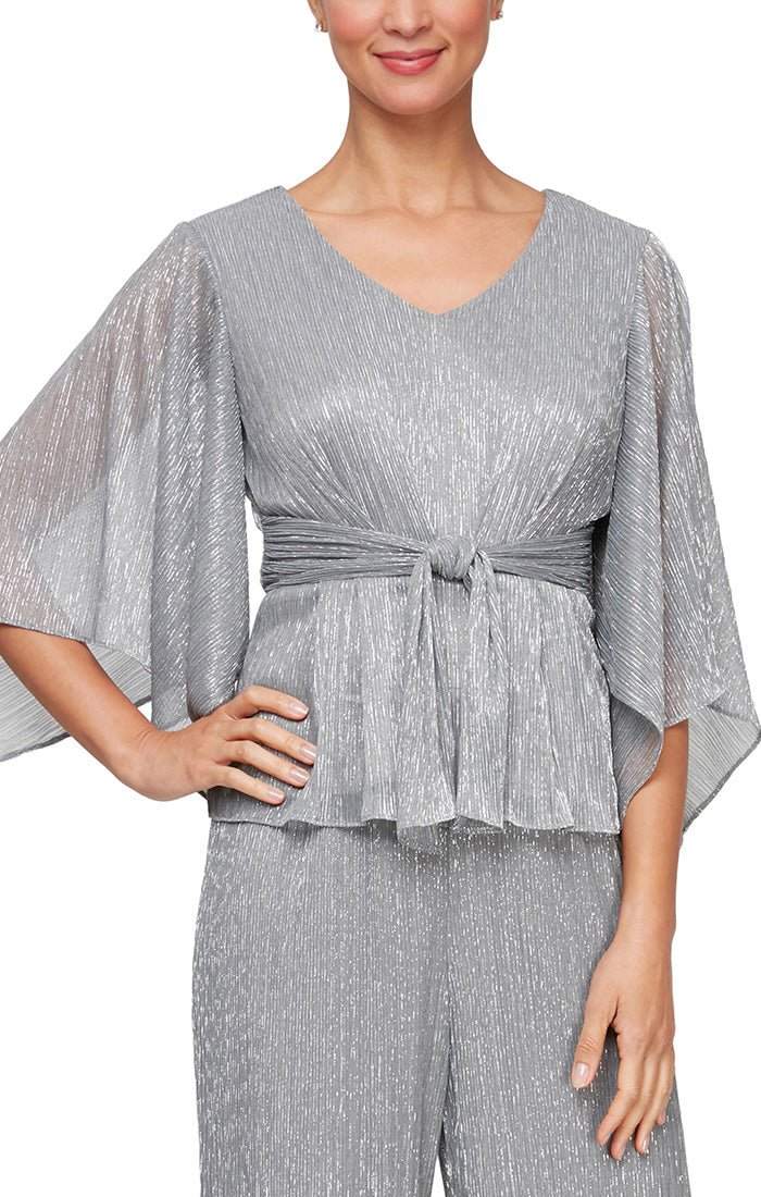 Metallic Knit Blouse with Tie Waist Detail