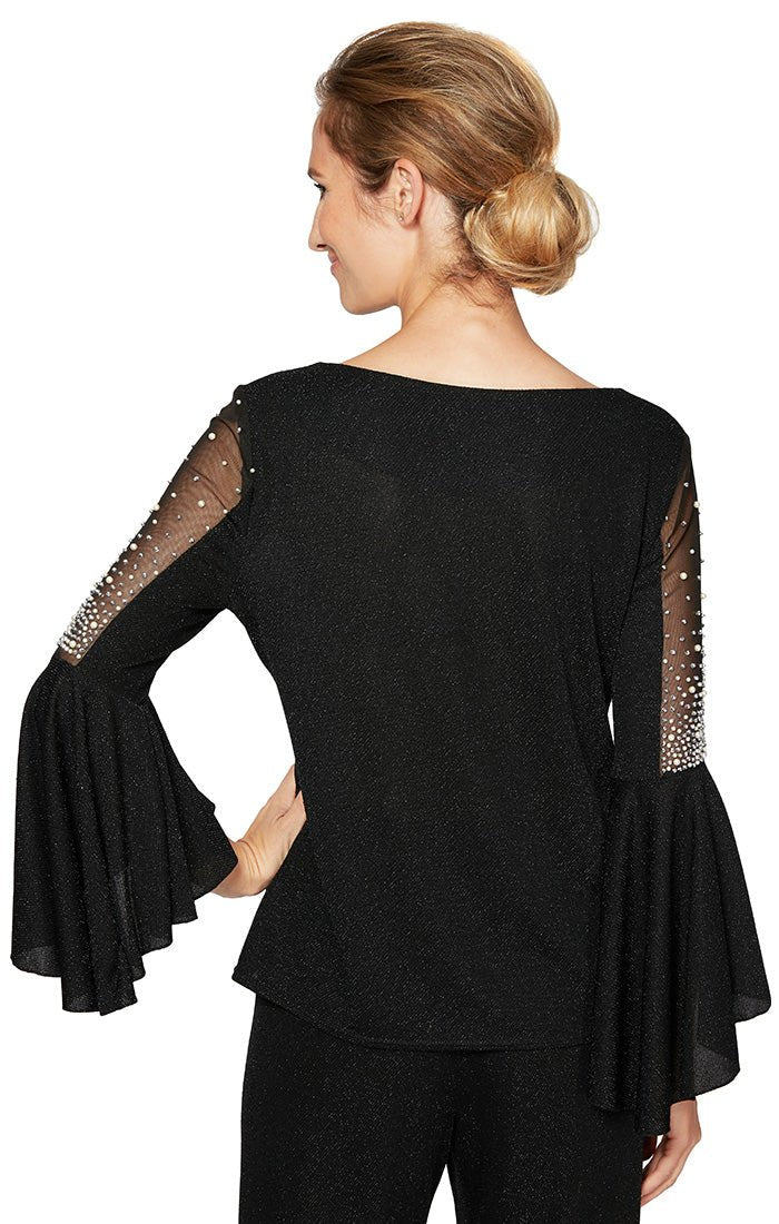 Petite Bell Sleeve Metallic Knit Blouse with Beaded Illusion Detail