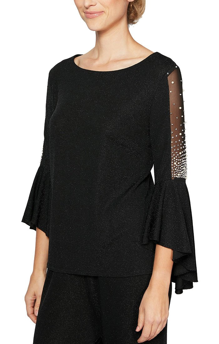 Petite Bell Sleeve Metallic Knit Blouse with Beaded Illusion Detail