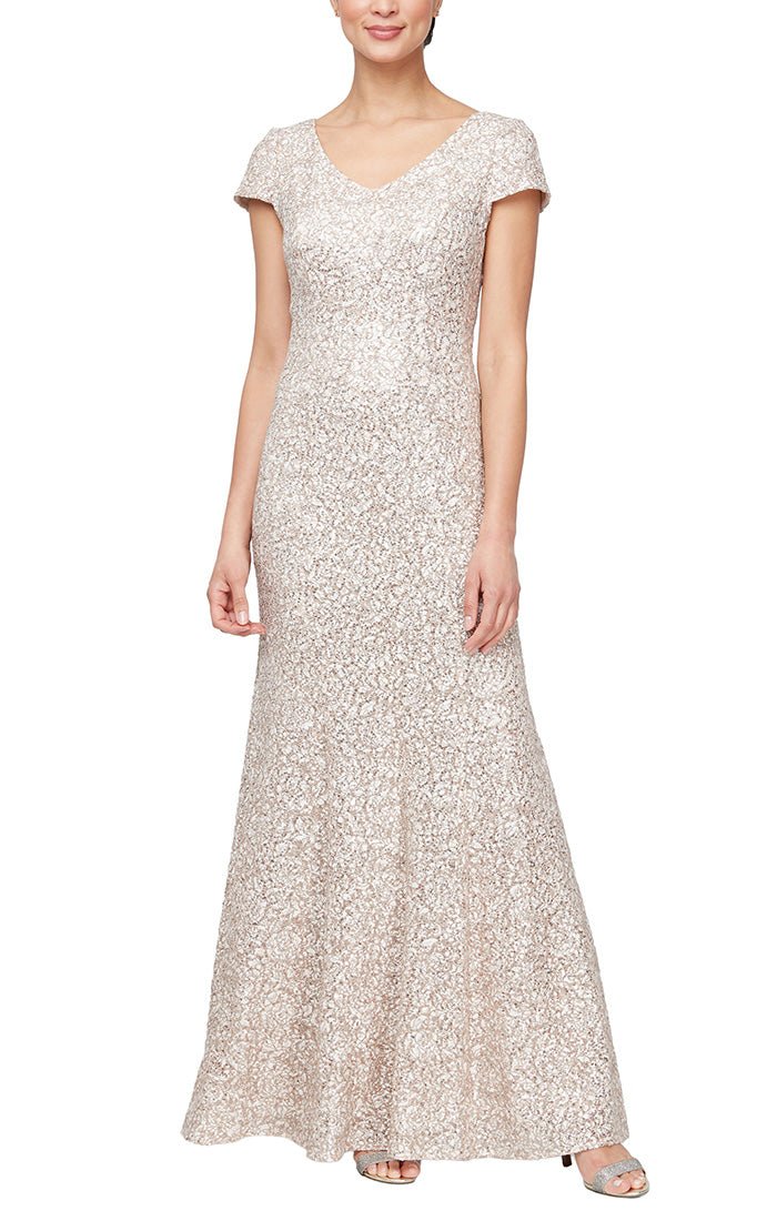 Petite Corded Lace Fit & Flare V-Neck Gown with Cap Sleeves