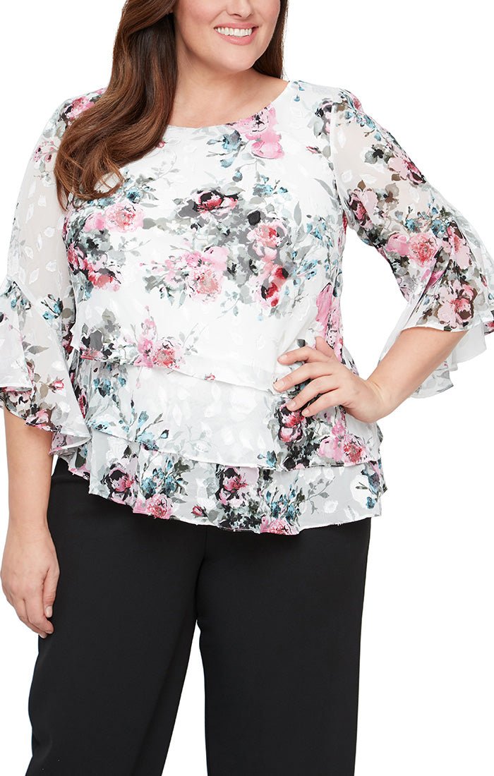 Plus 3/4 Sleeve Printed  Chiffon Blouse with Triple Tier Asymmetric Hem & Bell Sleeves