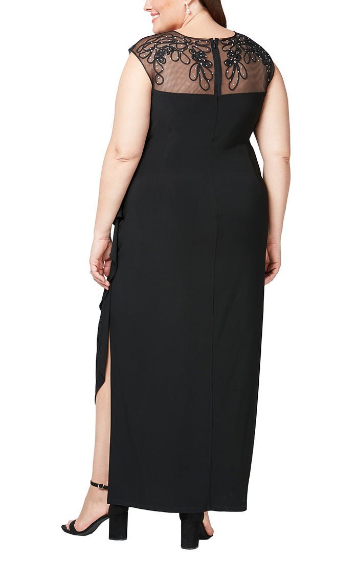 Plus - Empire Waist Dress with Embellished and Embroidered Illusion Neckline/Back Detail and Cascade Detail Skirt