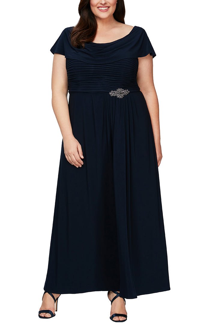 Plus Long Cowl Neck A-Line Matte Jersey Dress with Pleated Bodice Detail, Cowl Back, and Embellishment Detail at Waist