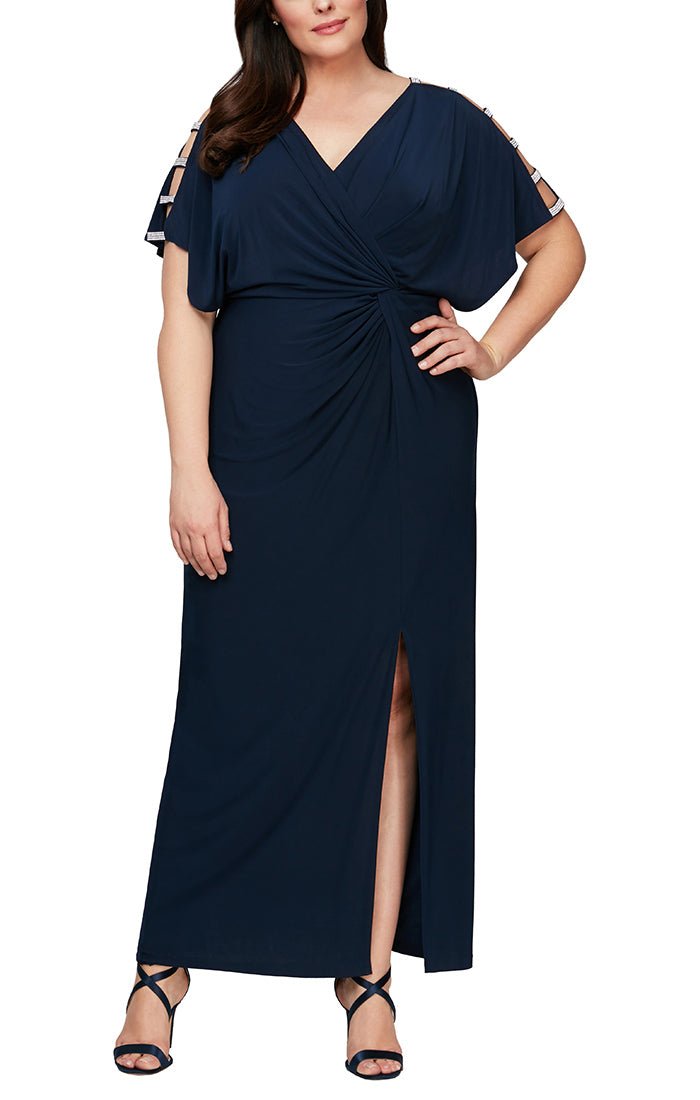 Plus Knot Front Dress with Front Slit and Embellishment at Shoulder