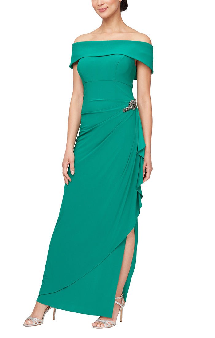 Plus Off The Shoulder Dress with Foldover Cuff, Embellishment Detail at Hip & Front Slit