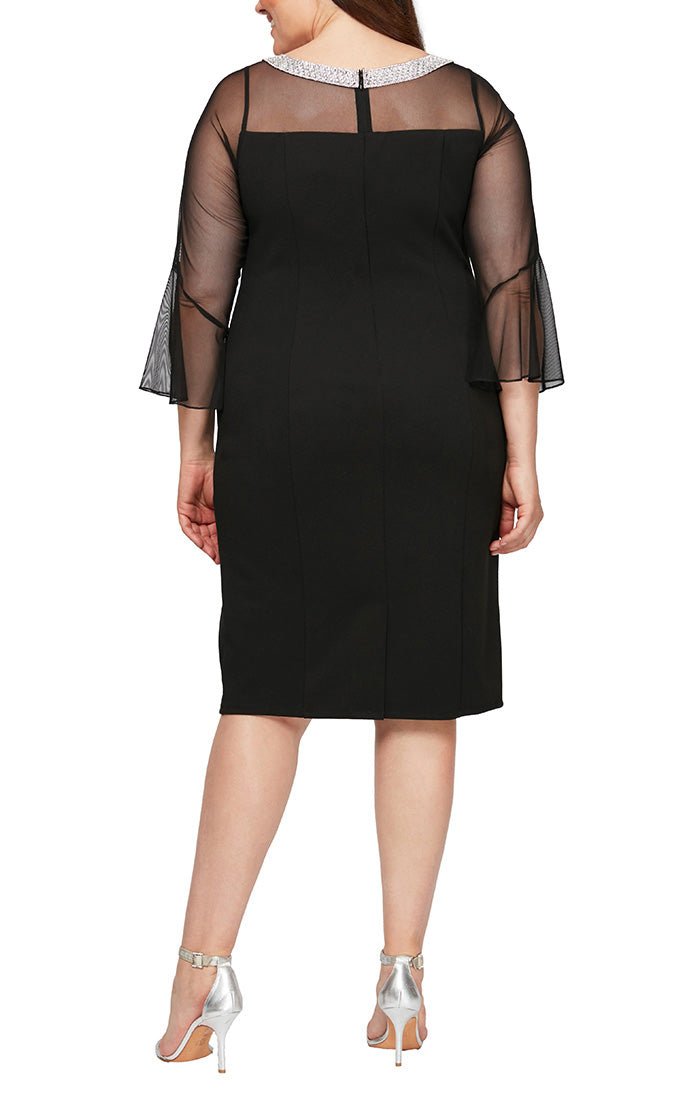 Plus Sheath Crepe Cocktail Dress with Beaded Illusion Neckline & Bell Sleeves