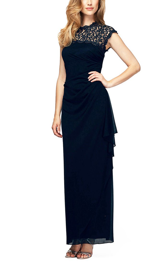 Regular - Long Mesh Dress with Metallic Lace Neckline & Side Ruching Detail