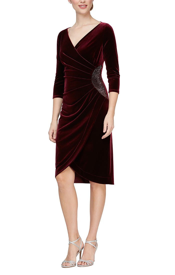 Regular - Surplice Neckline Velvet Cocktail Dress with Tulip Skirt & Embellishment at Hip