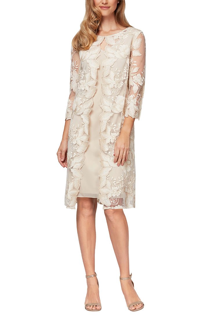 Embroidered Mock Jacket Dress with Attached Jacket & Chiffon Tank Dress