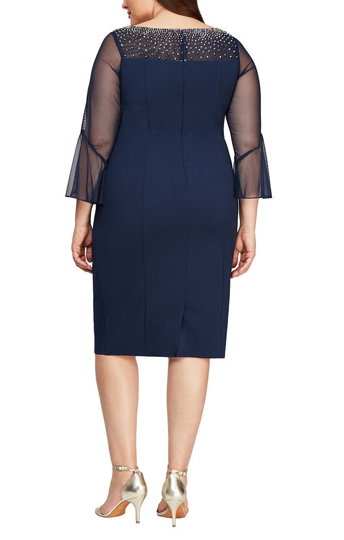 Plus Short Sheath Crepe Dress with Embellished  Illusion Mesh Neckline and Bell Sleeves