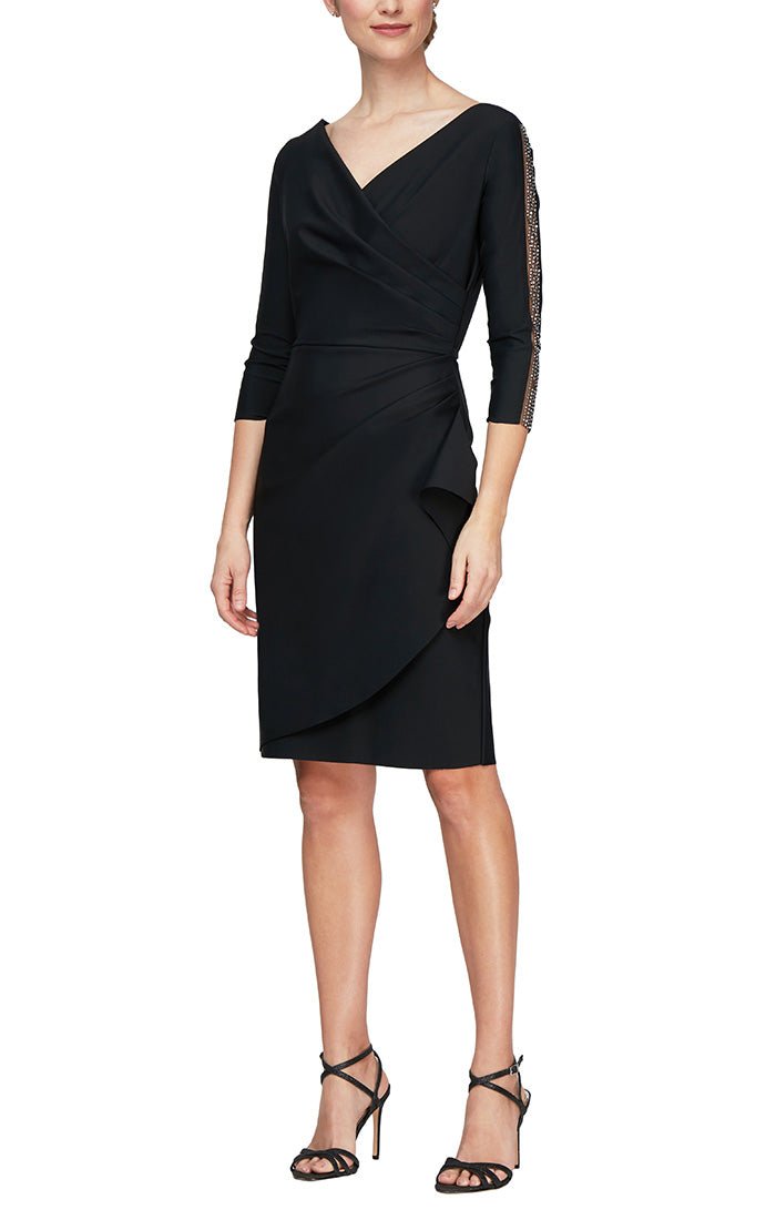 Short Sheath Dress with Surplice Neckline and Embellished Illusion Sleeve Detail