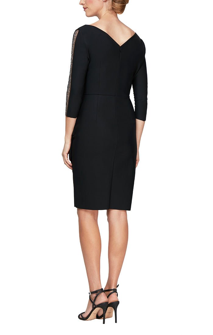 Short Sheath Dress with Surplice Neckline and Embellished Illusion Sleeve Detail